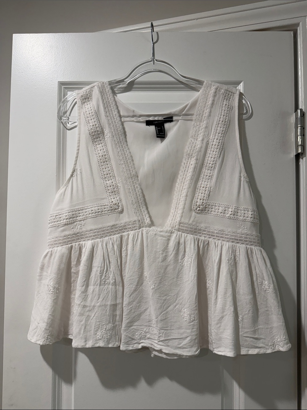 White V-Neck Crochet Trim Peplum Tank Top